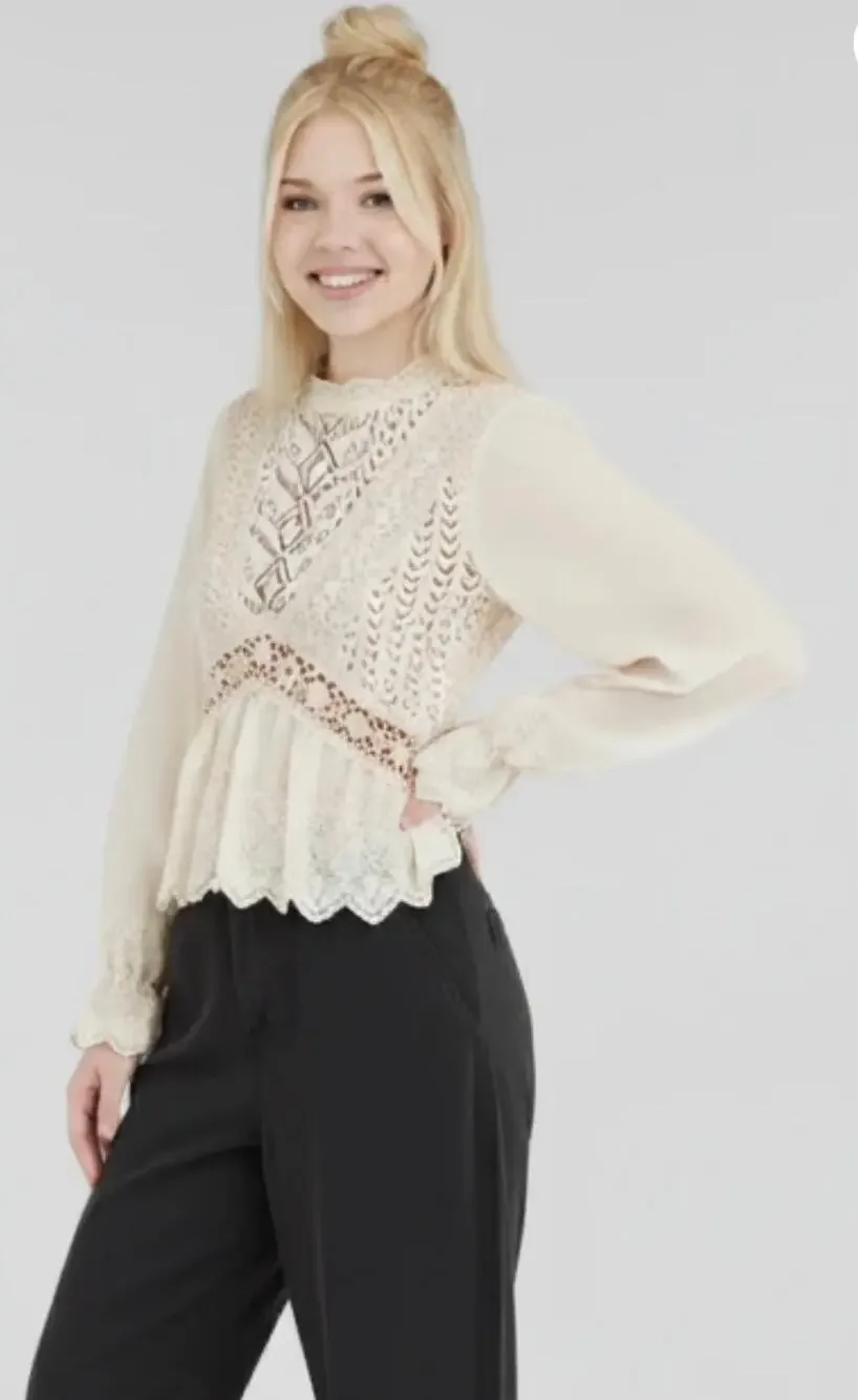 Zara Cream Knit Crochet Lace Scalloped Hem Long Sleeve Top-Size Small